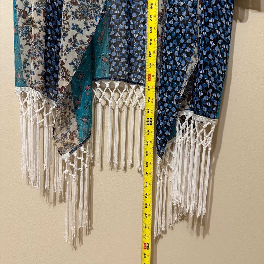 Ing Blue and White Fringe Trim Poncho - Picture 4 of 11